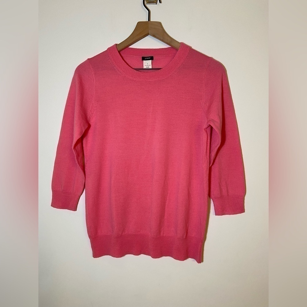 J Crew Womens 100% Marino Wool Crew Neck Sweater 3/4 Sleeve Pink Size S New